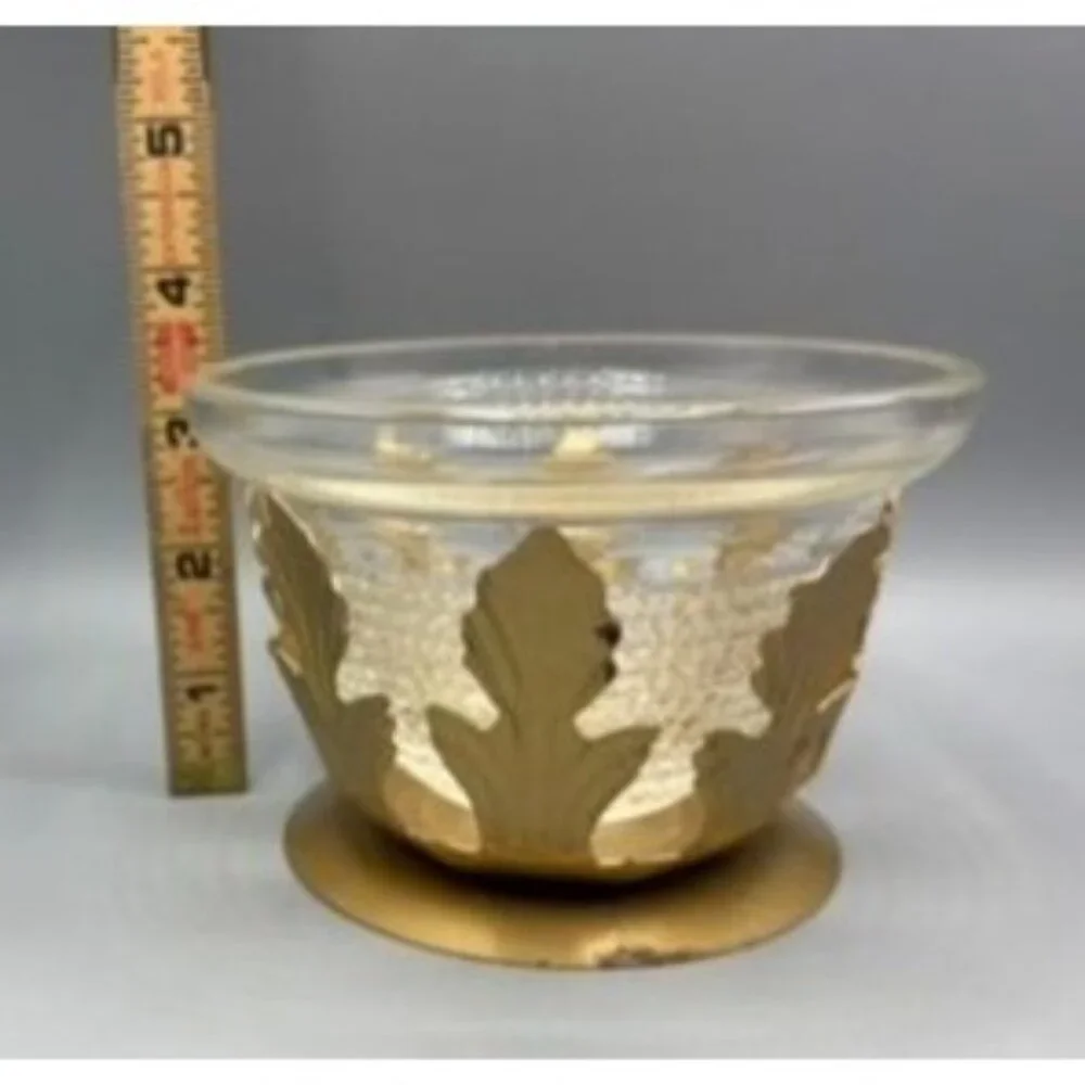 Vtg Candle Holder Gold Leaf‎ Glass Art Deco Votive or Floating Candle